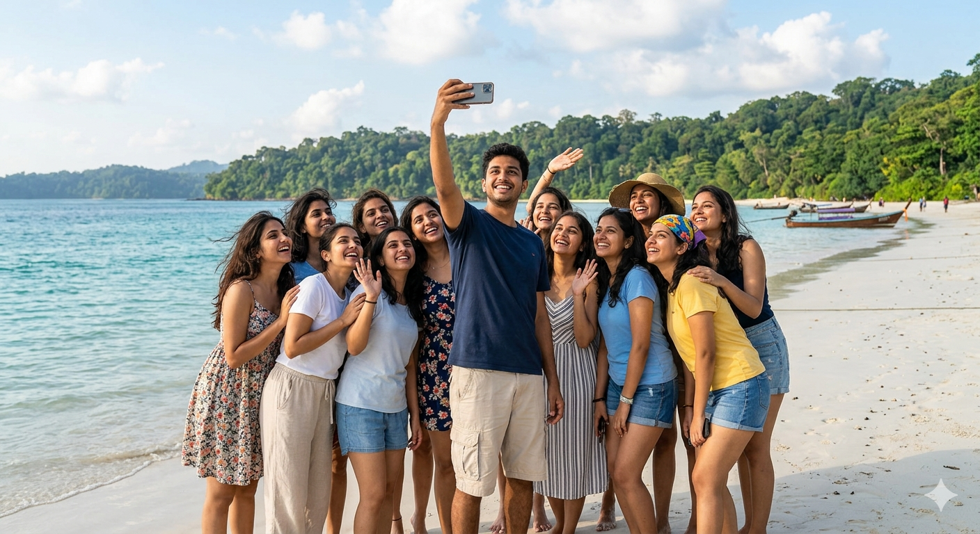 Students taking beach selfie